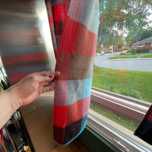 Vintage 80s curtains, bold blue, red, black plaid, pair of rod header panels - Picture 3 of 9